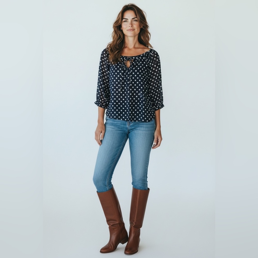Ralph Lauren Classic Blue Polka Dot Blouse. Size XL